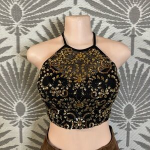 Vtg Beaded Mesh Halter Crop Top Womens Size 4 Blk & Gold Fairycore Festival Y2K
